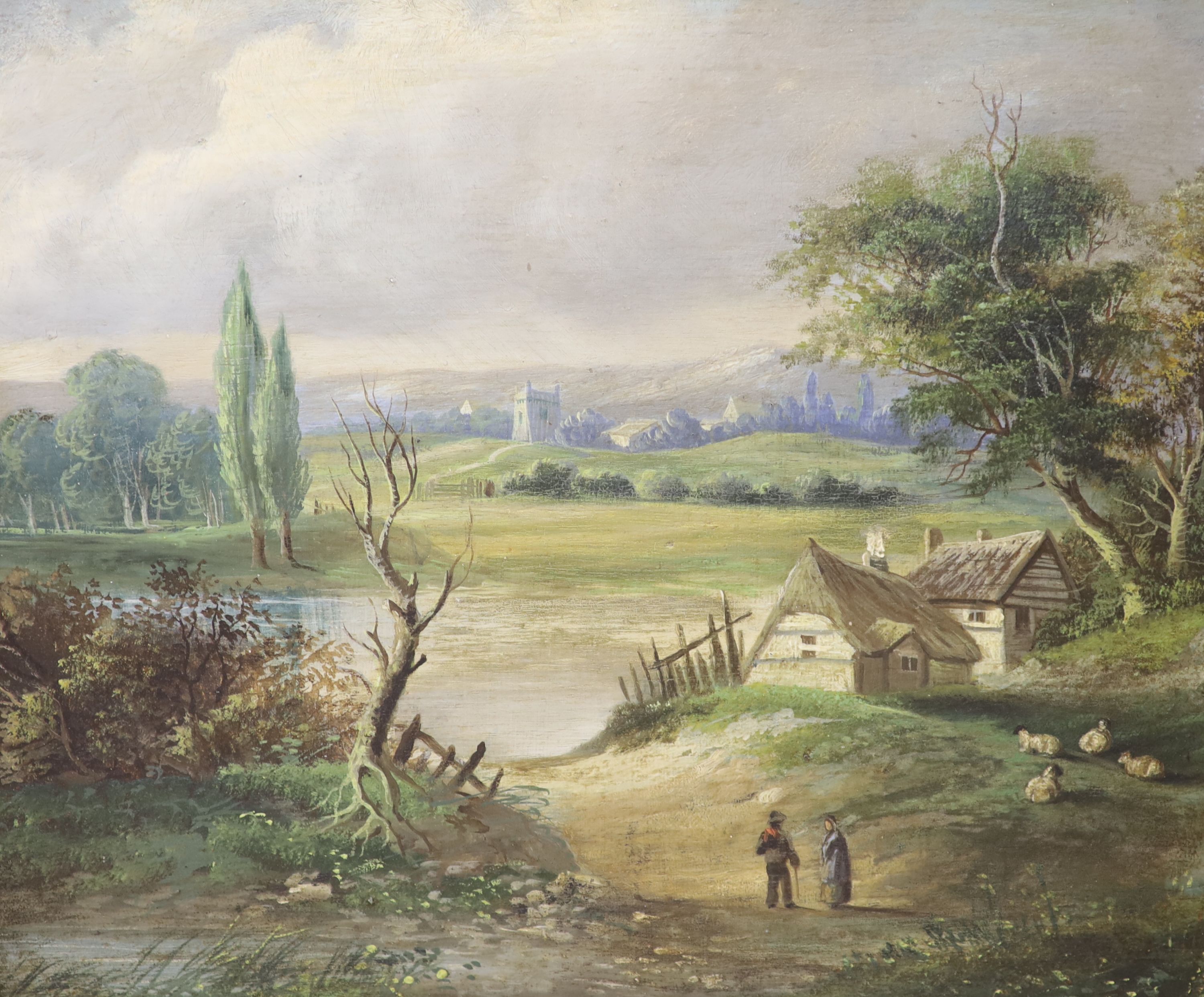 19th century English School, oil on board, Figures in a landscape, 30 x 34cm